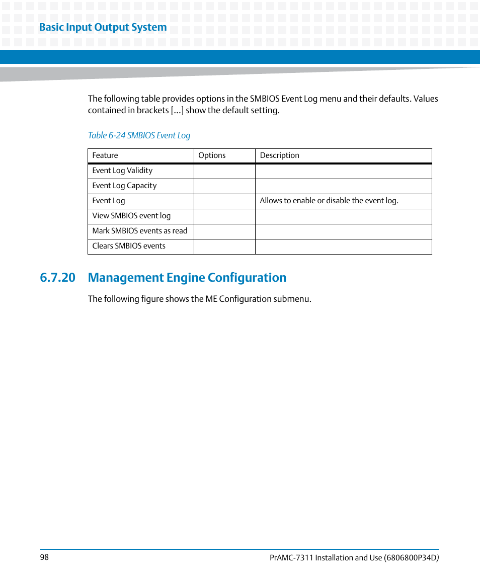20 management engine configuration, Table 6-24, Smbios event log | Basic input output system | Artesyn PrAMC-7311 Installation and Use (June 2014) User Manual | Page 98 / 126