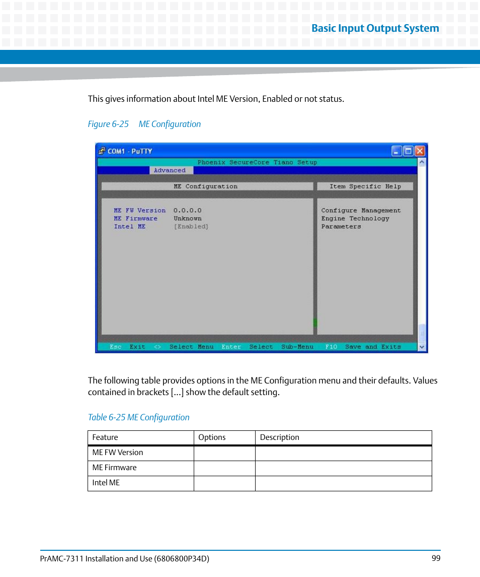 Table 6-25, Me configuration, Figure 6-25 | Basic input output system | Artesyn PrAMC-7311 Installation and Use (June 2014) User Manual | Page 99 / 126