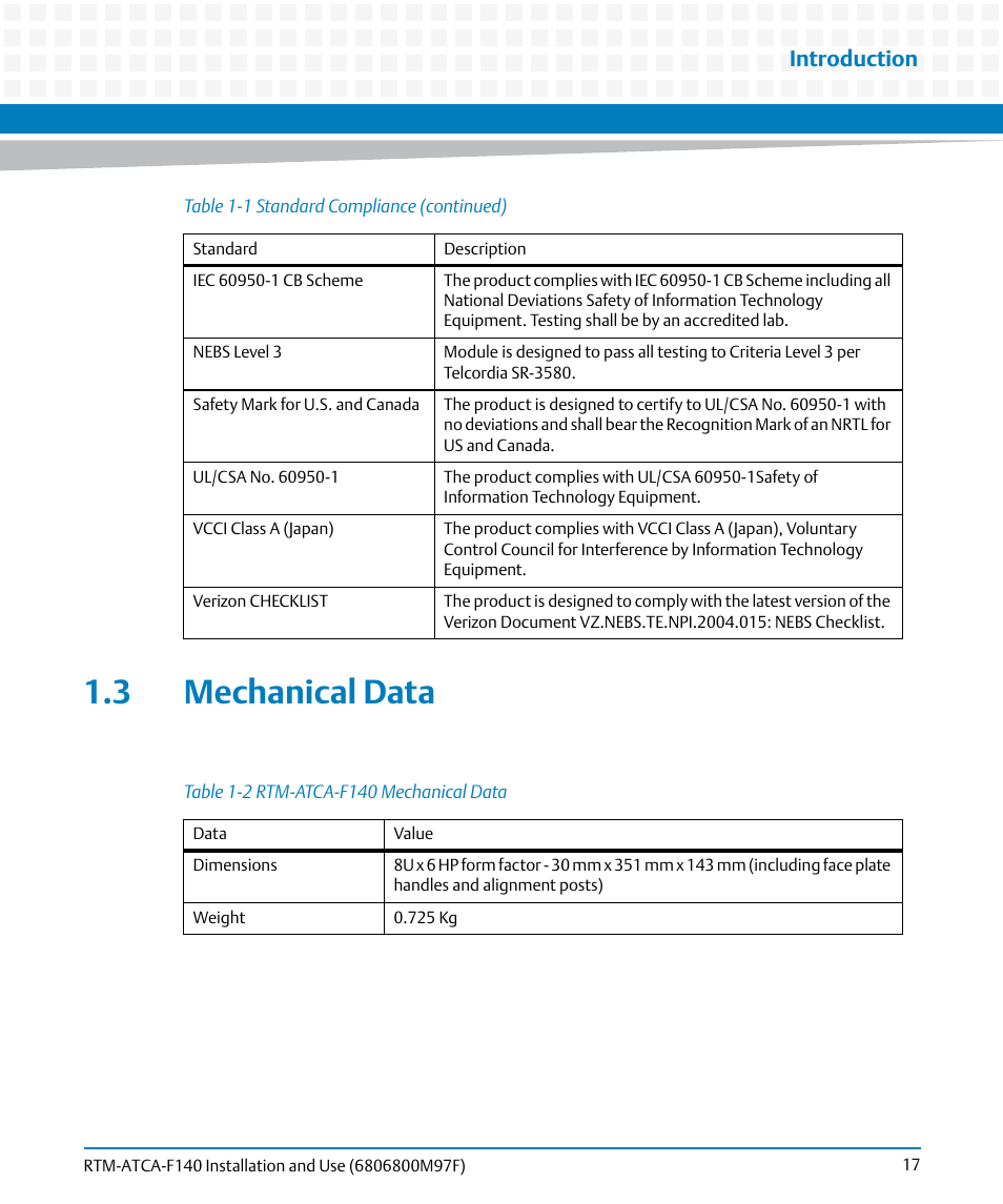 3 mechanical data, Table 1-2, Rtm-atca-f140 mechanical data | Introduction | Artesyn RTM ATCA-F140 Installation and Use (July 2014) User Manual | Page 17 / 66
