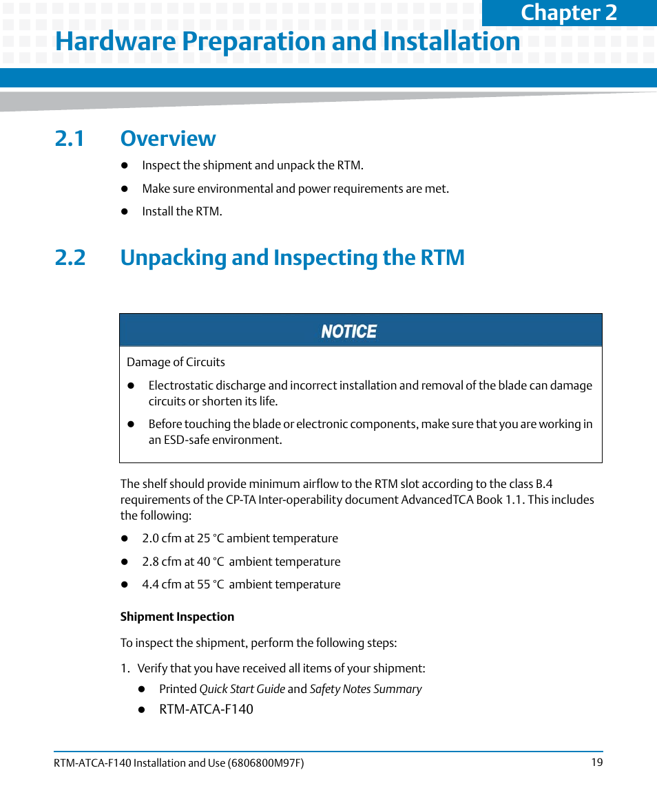 Hardware preparation and installation, 1 overview, 2 unpacking and inspecting the rtm | 1 overview 2.2 unpacking and inspecting the rtm, Inst, Chapter 2 | Artesyn RTM ATCA-F140 Installation and Use (July 2014) User Manual | Page 19 / 66