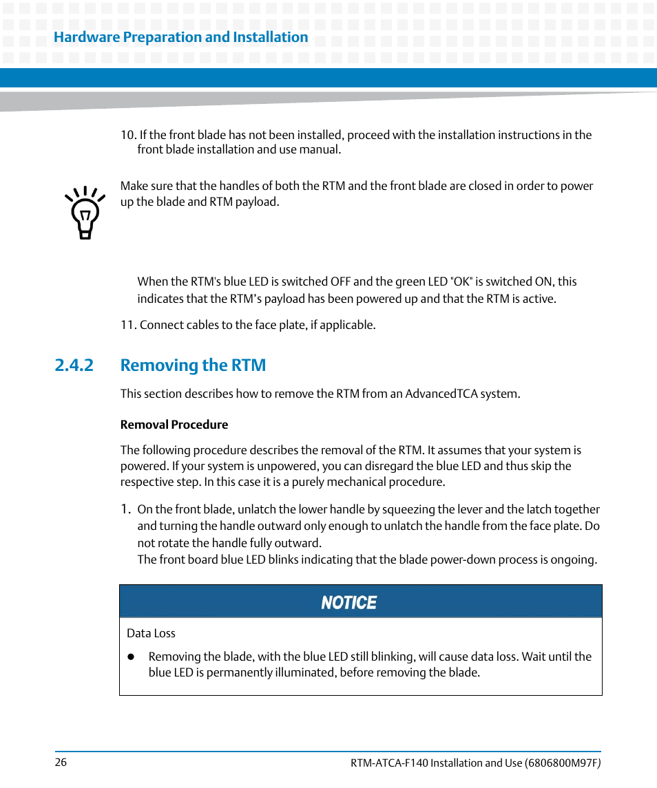 2 removing the rtm | Artesyn RTM ATCA-F140 Installation and Use (July 2014) User Manual | Page 26 / 66