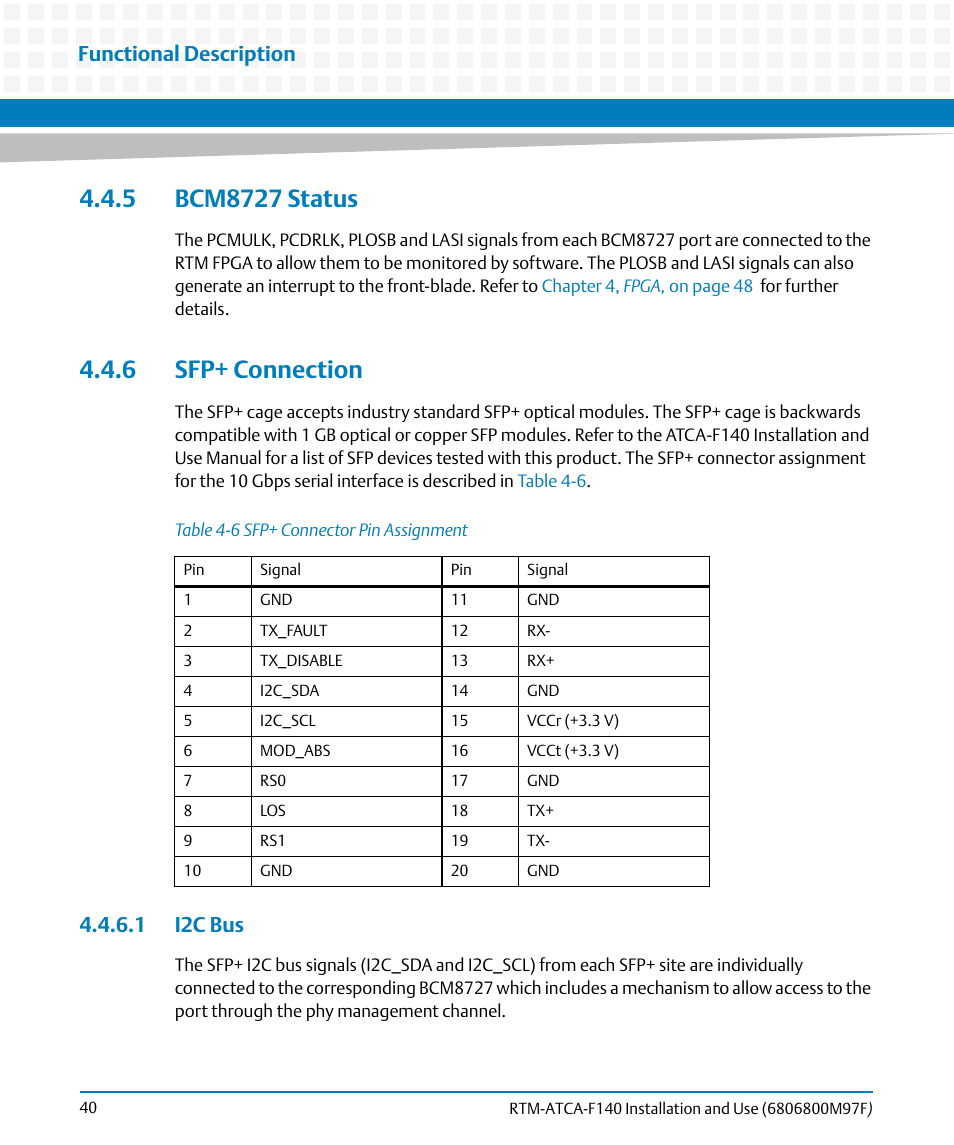 5 bcm8727 status, 6 sfp+ connection, 1 i2c bus | 5 bcm8727 status 4.4.6 sfp+ connection, Table 4-6, Sfp+ connector pin assignment, Functional description | Artesyn RTM ATCA-F140 Installation and Use (July 2014) User Manual | Page 40 / 66