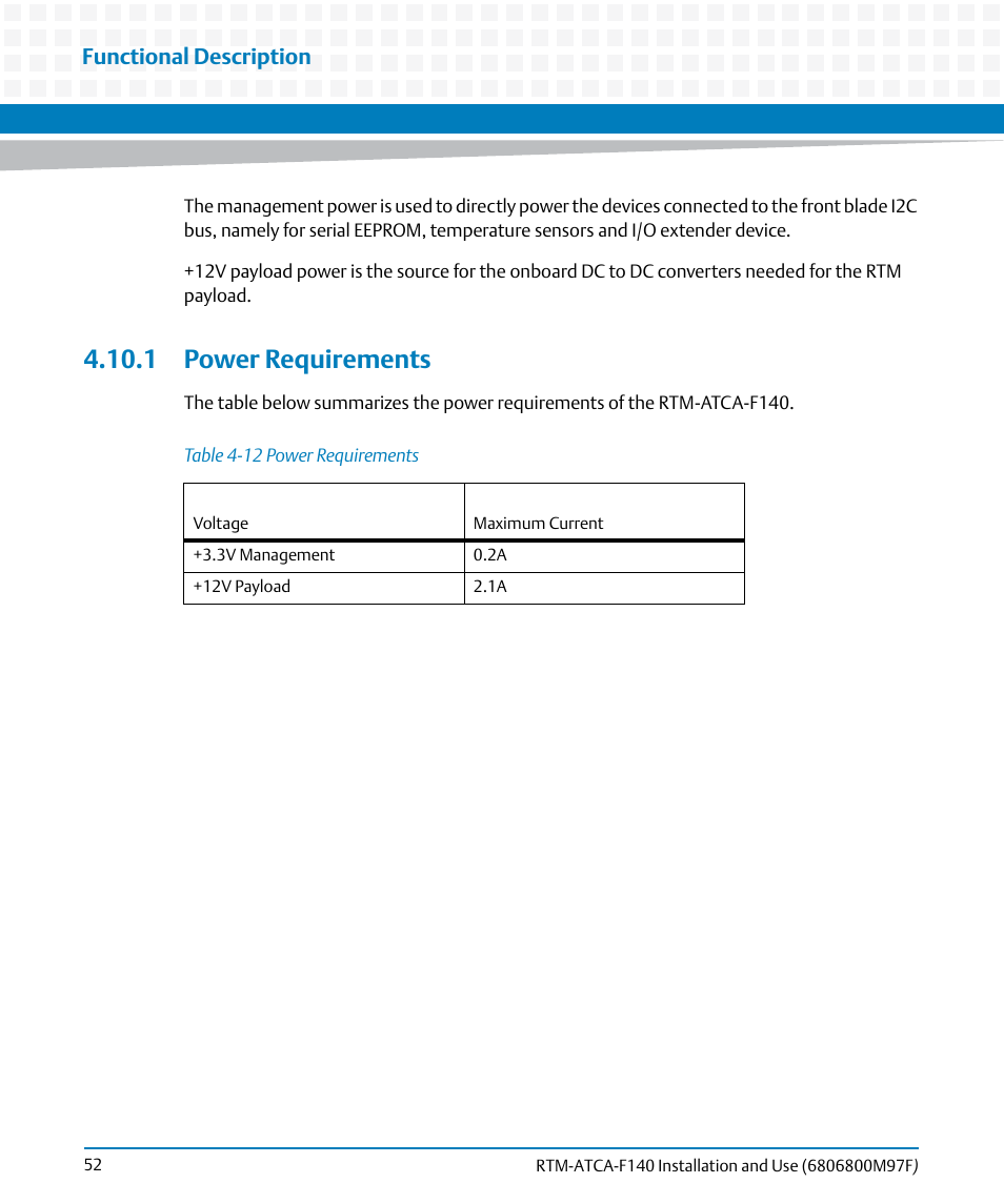 1 power requirements, Table 4-12, Power requirements | Functional description | Artesyn RTM ATCA-F140 Installation and Use (July 2014) User Manual | Page 52 / 66