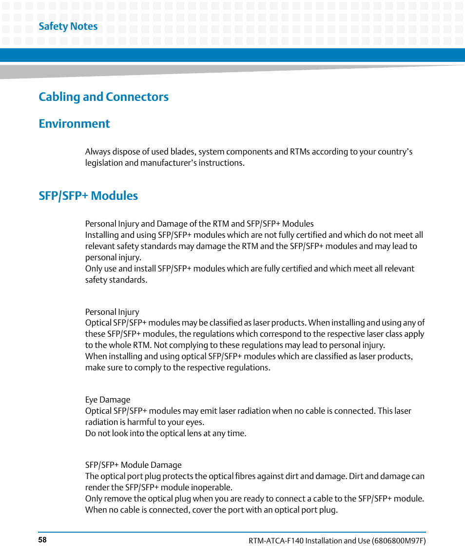 Cabling and connectors environment, Sfp/sfp+ modules | Artesyn RTM ATCA-F140 Installation and Use (July 2014) User Manual | Page 58 / 66
