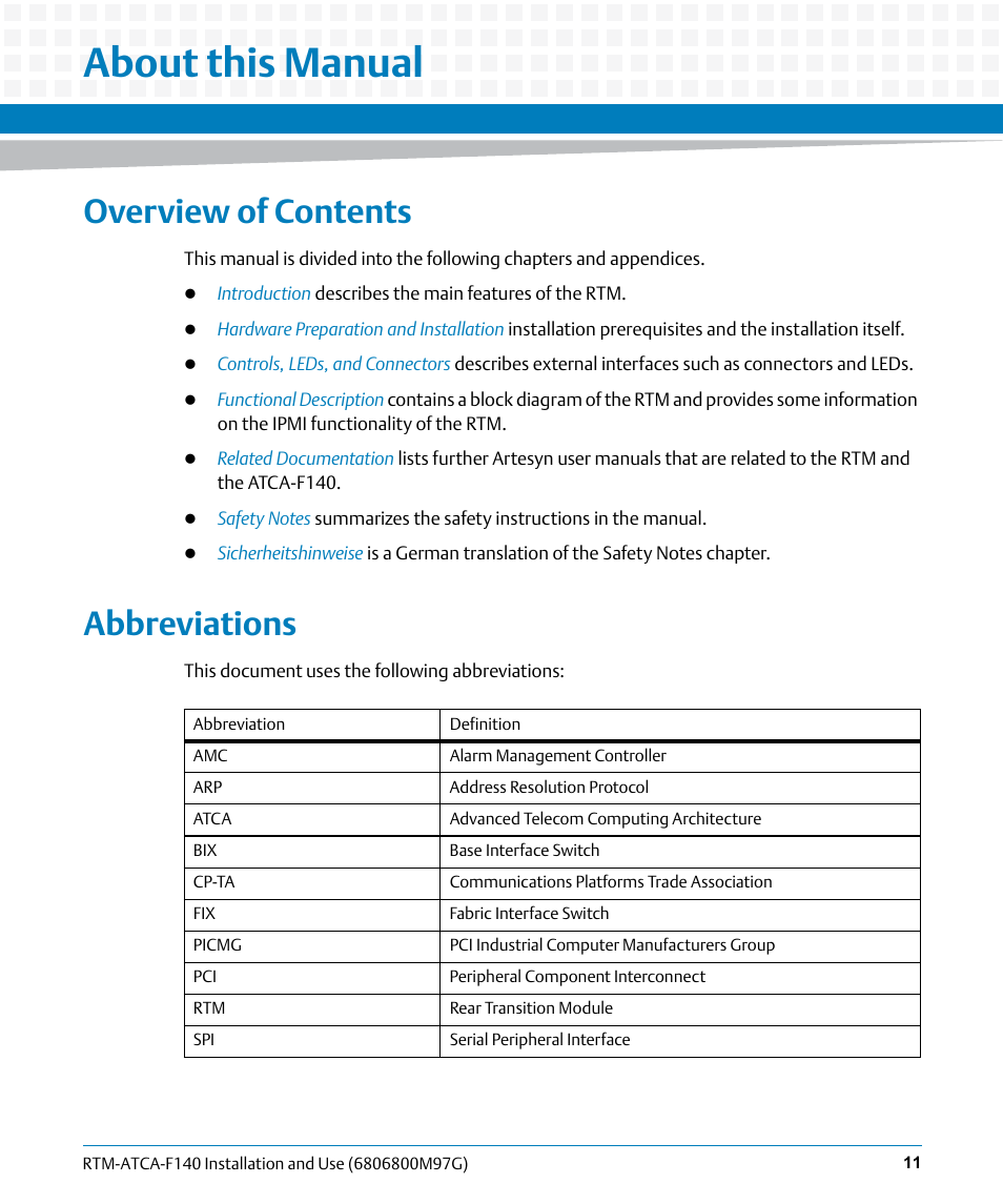 About this manual, Overview of contents, Abbreviations | Artesyn RTM ATCA-F140 Installation and Use (September 2014) User Manual | Page 11 / 64