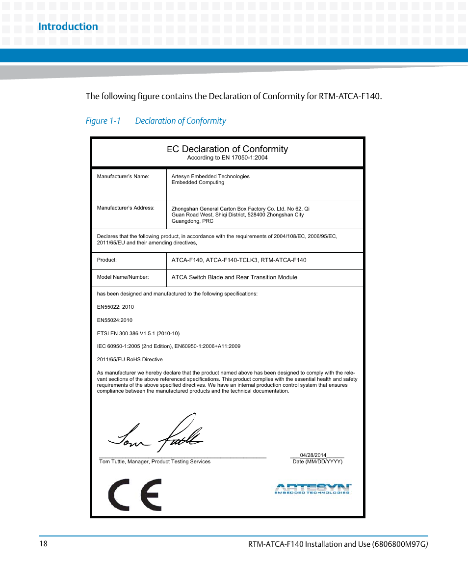 Figure 1-1, Declaration of conformity, Introduction | C declaration of conformity | Artesyn RTM ATCA-F140 Installation and Use (September 2014) User Manual | Page 18 / 64