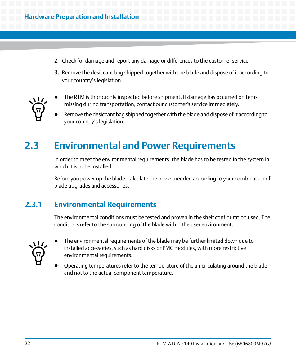 3 environmental and power requirements, 1 environmental requirements | Artesyn RTM ATCA-F140 Installation and Use (September 2014) User Manual | Page 22 / 64