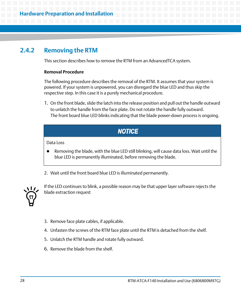 2 removing the rtm | Artesyn RTM ATCA-F140 Installation and Use (September 2014) User Manual | Page 28 / 64