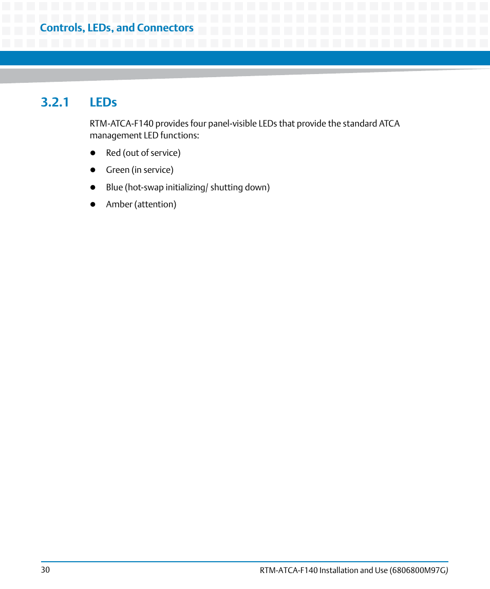 1 leds, Controls, leds, and connectors | Artesyn RTM ATCA-F140 Installation and Use (September 2014) User Manual | Page 30 / 64
