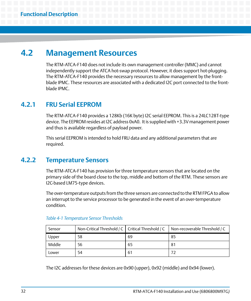 2 management resources, 1 fru serial eeprom, 2 temperature sensors | 1 fru serial eeprom 4.2.2 temperature sensors, Table 4-1, Temperature sensor thresholds | Artesyn RTM ATCA-F140 Installation and Use (September 2014) User Manual | Page 32 / 64