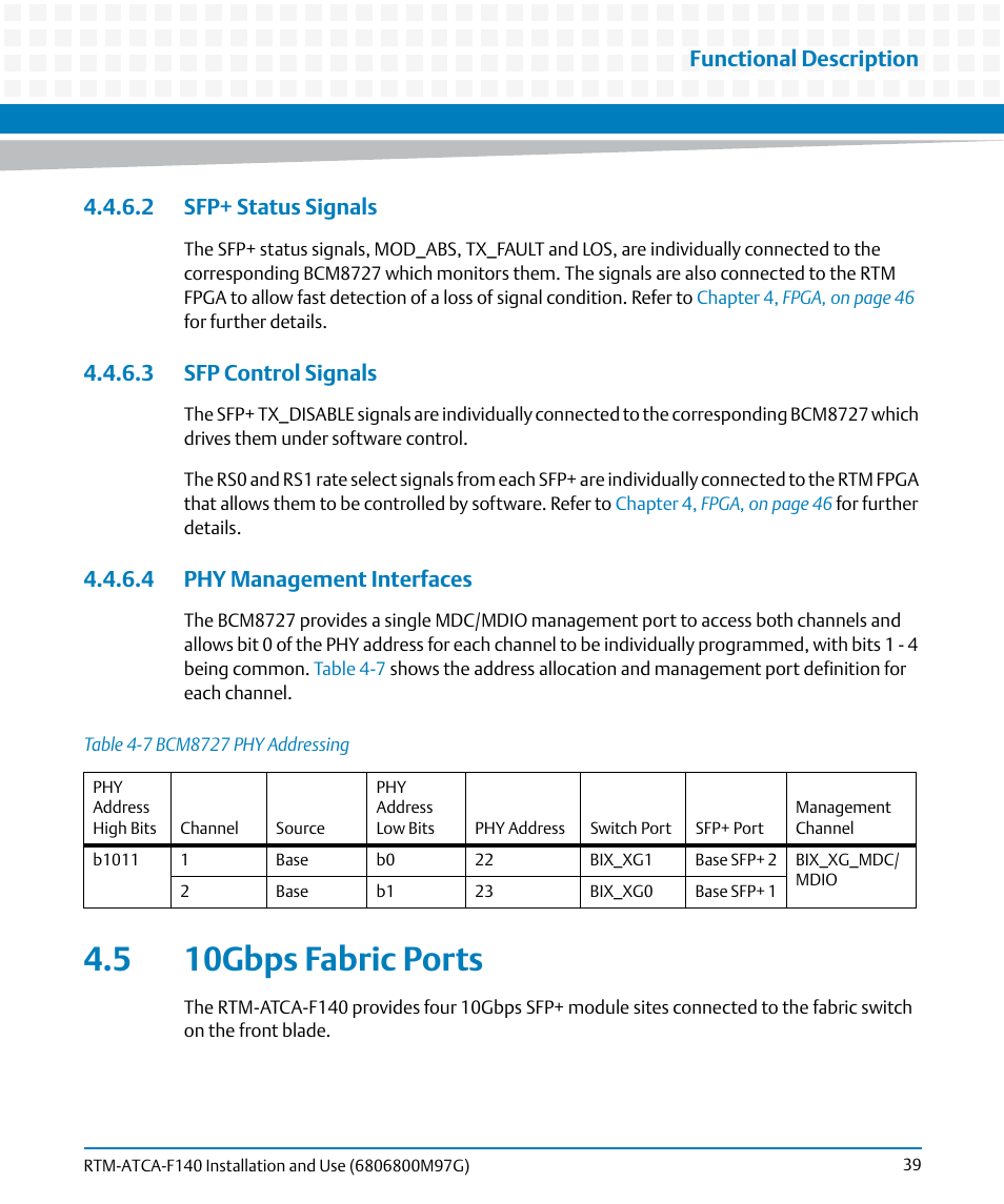 2 sfp+ status signals, 3 sfp control signals, 4 phy management interfaces | 5 10gbps fabric ports, Table 4-7, Bcm8727 phy addressing, Functional description | Artesyn RTM ATCA-F140 Installation and Use (September 2014) User Manual | Page 39 / 64