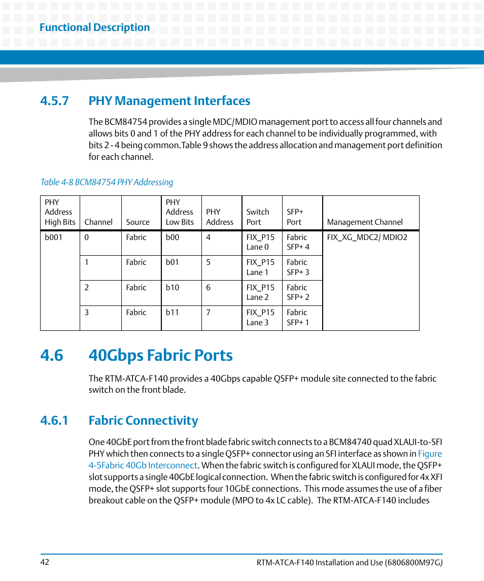 7 phy management interfaces, 6 40gbps fabric ports, 1 fabric connectivity | Table 4-8, Bcm84754 phy addressing, Functional description | Artesyn RTM ATCA-F140 Installation and Use (September 2014) User Manual | Page 42 / 64