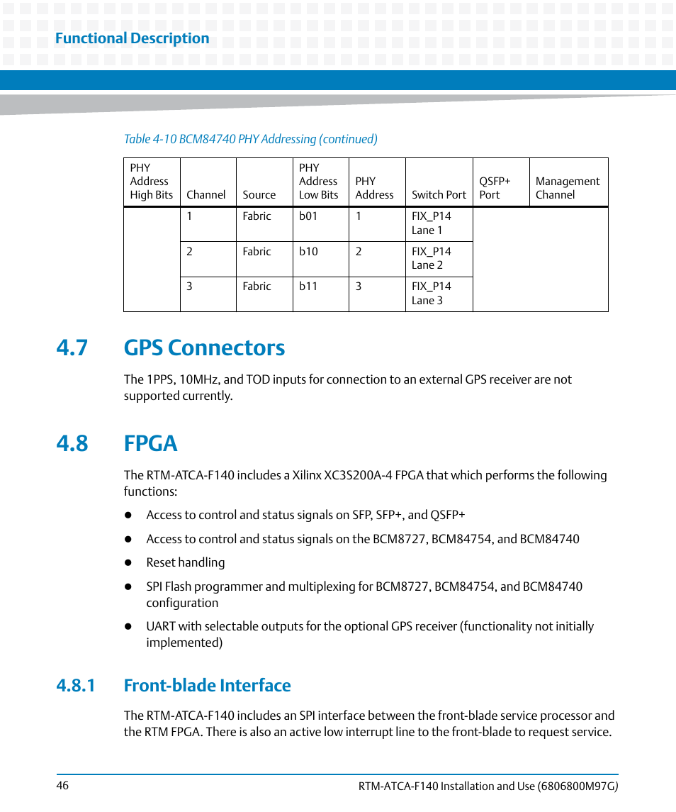 7 gps connectors, 8 fpga, 1 front-blade interface | 7 gps connectors 4.8 fpga, Chapter 4, Chapter 4, gps connectors, Functional description | Artesyn RTM ATCA-F140 Installation and Use (September 2014) User Manual | Page 46 / 64