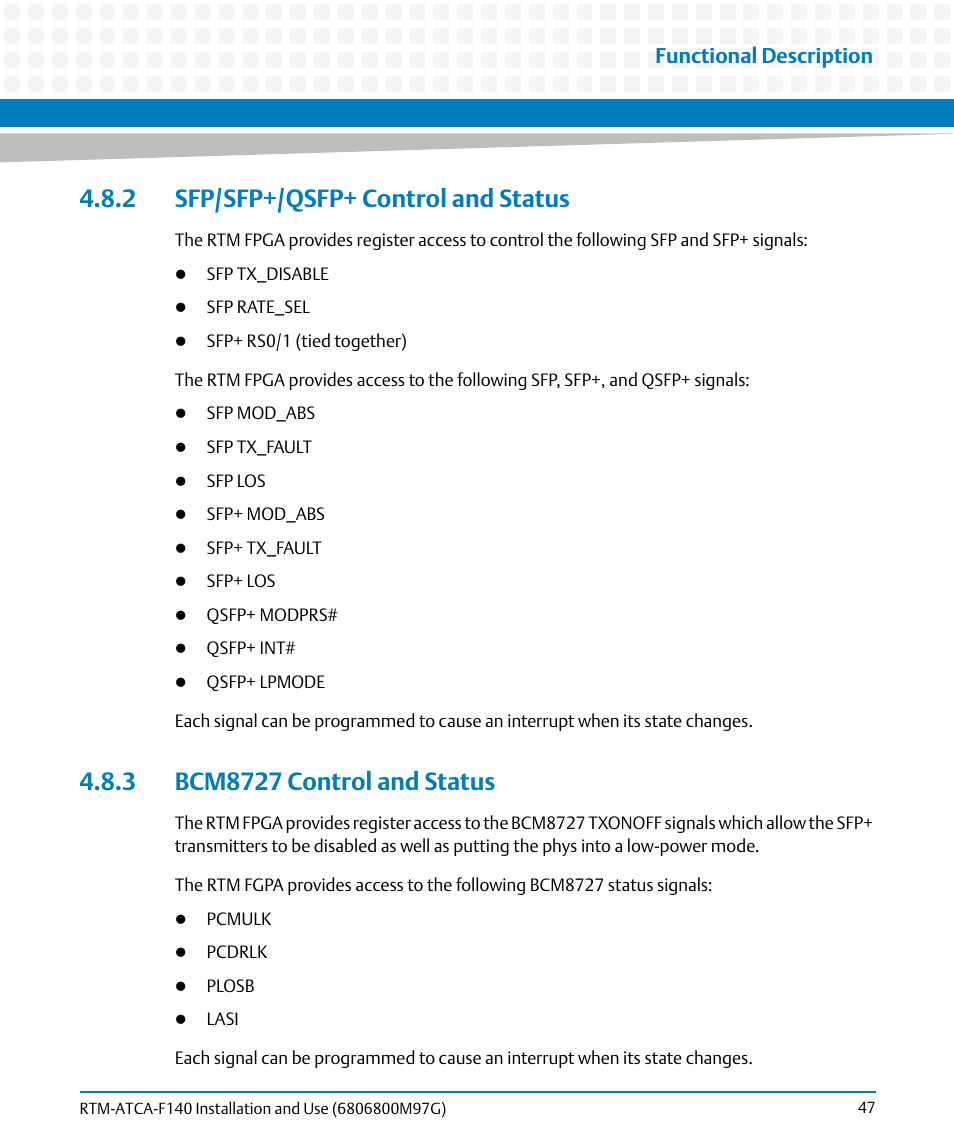 2 sfp/sfp+/qsfp+ control and status, 3 bcm8727 control and status, Functional description | Artesyn RTM ATCA-F140 Installation and Use (September 2014) User Manual | Page 47 / 64