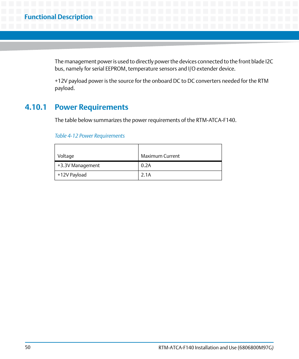1 power requirements, Table 4-12, Power requirements | Functional description | Artesyn RTM ATCA-F140 Installation and Use (September 2014) User Manual | Page 50 / 64