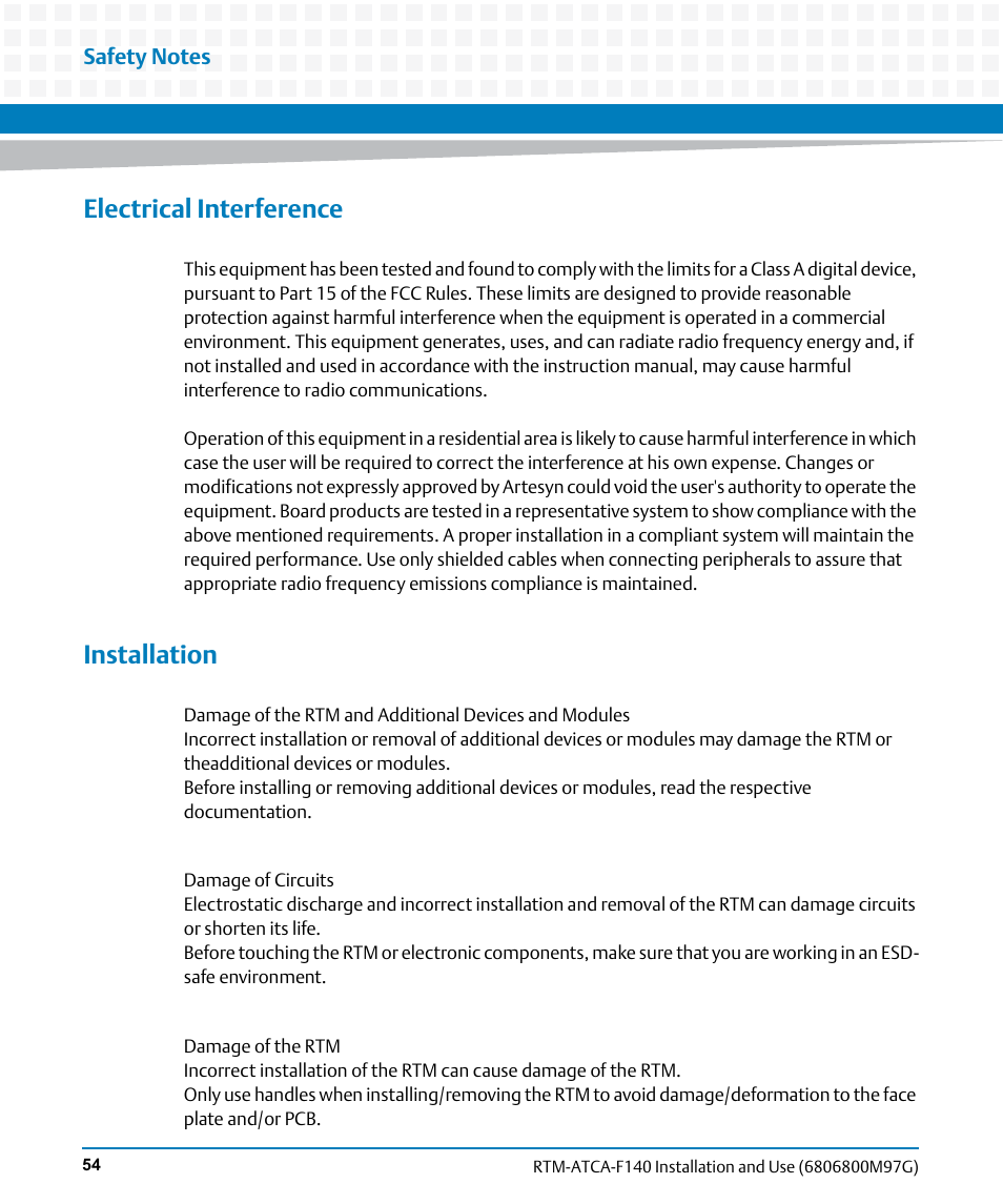 Electrical interference, Installation | Artesyn RTM ATCA-F140 Installation and Use (September 2014) User Manual | Page 54 / 64