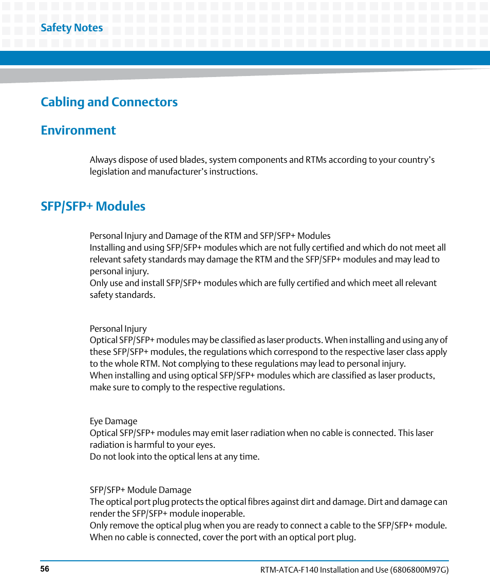 Cabling and connectors environment, Sfp/sfp+ modules | Artesyn RTM ATCA-F140 Installation and Use (September 2014) User Manual | Page 56 / 64