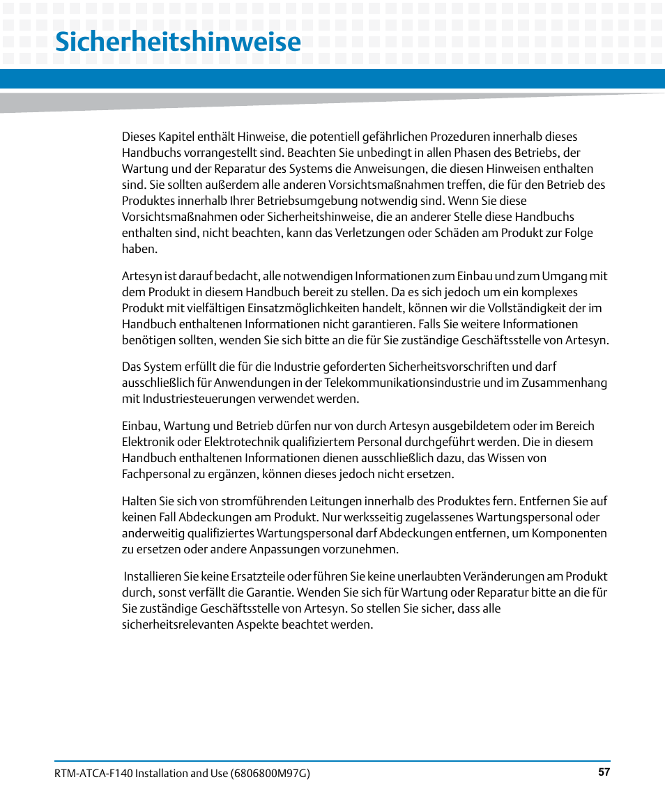 Sicherheitshinweise, Is a ge | Artesyn RTM ATCA-F140 Installation and Use (September 2014) User Manual | Page 57 / 64