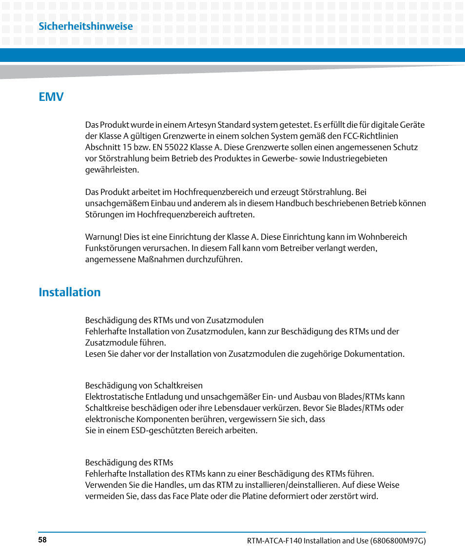 Installation | Artesyn RTM ATCA-F140 Installation and Use (September 2014) User Manual | Page 58 / 64