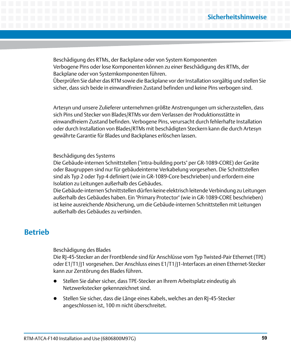 Betrieb, Sicherheitshinweise | Artesyn RTM ATCA-F140 Installation and Use (September 2014) User Manual | Page 59 / 64