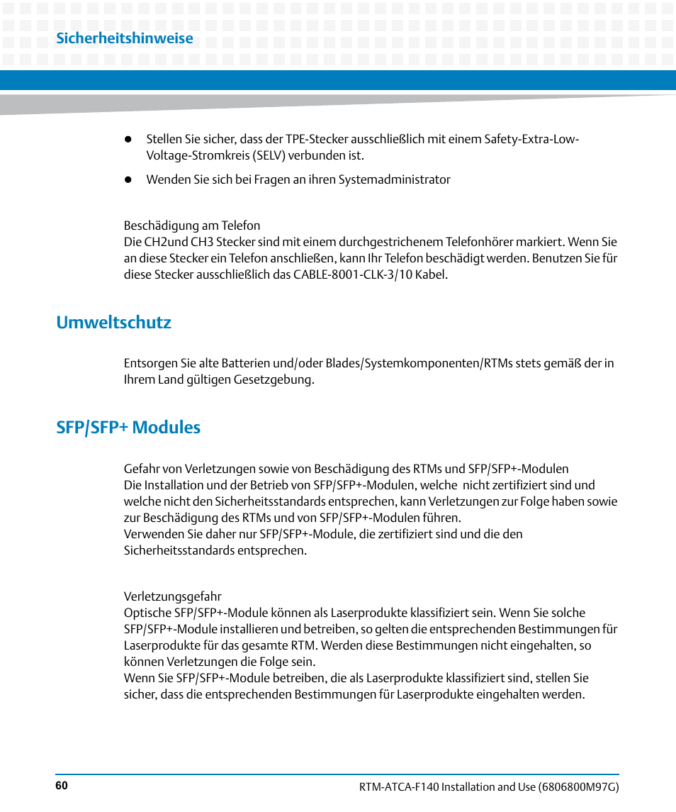 Umweltschutz, Sfp/sfp+ modules | Artesyn RTM ATCA-F140 Installation and Use (September 2014) User Manual | Page 60 / 64
