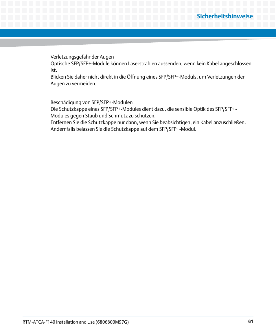 Sicherheitshinweise | Artesyn RTM ATCA-F140 Installation and Use (September 2014) User Manual | Page 61 / 64