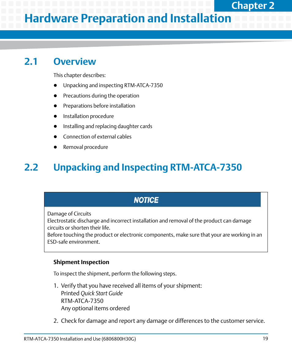 Hardware preparation and installation, 1 overview, 2 unpacking and inspecting rtm-atca-7350 | Chapter 2 | Artesyn RTM-ATCA-7350 Installation and Use (September 2014) User Manual | Page 19 / 70