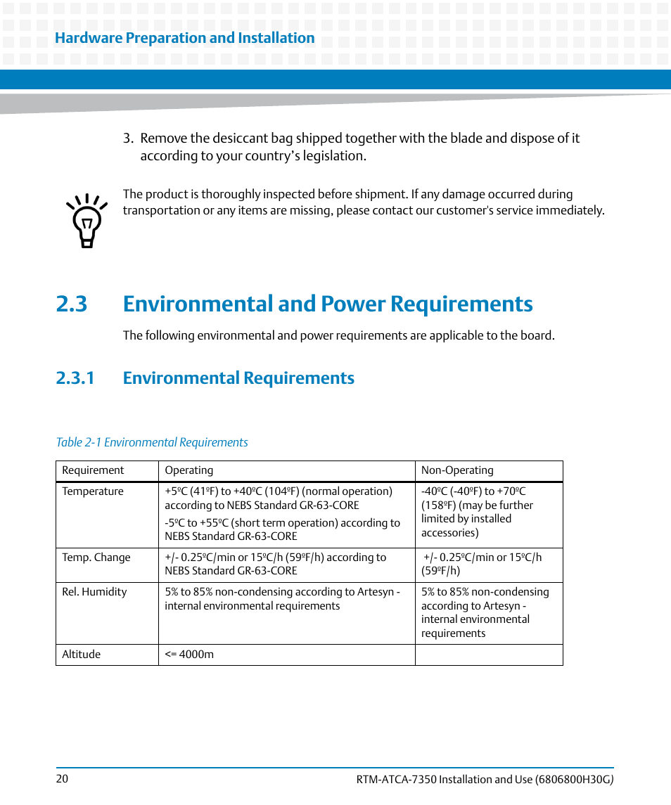 3 environmental and power requirements, 1 environmental requirements, Table 2-1 | Environmental requirements | Artesyn RTM-ATCA-7350 Installation and Use (September 2014) User Manual | Page 20 / 70