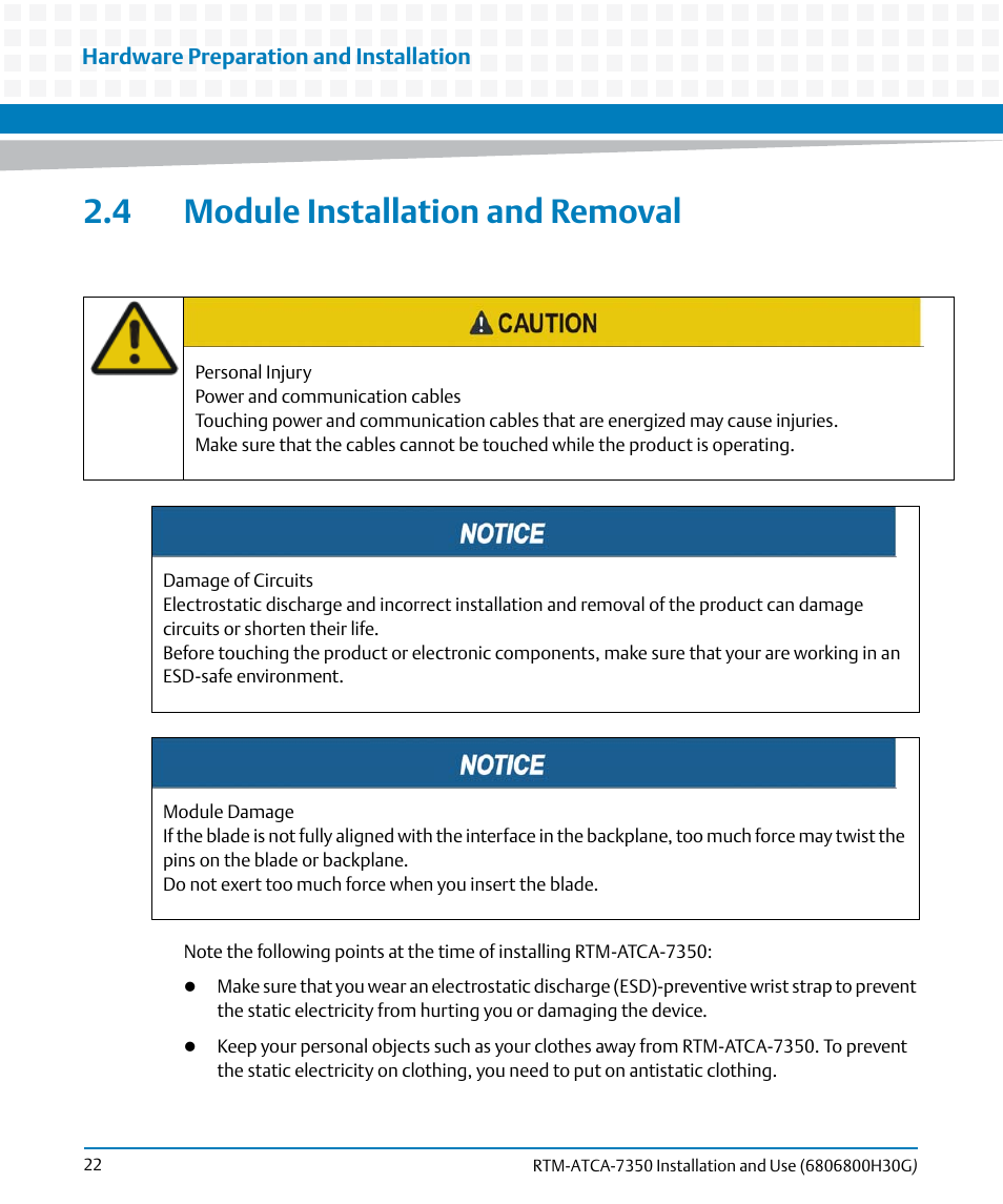 4 module installation and removal | Artesyn RTM-ATCA-7350 Installation and Use (September 2014) User Manual | Page 22 / 70