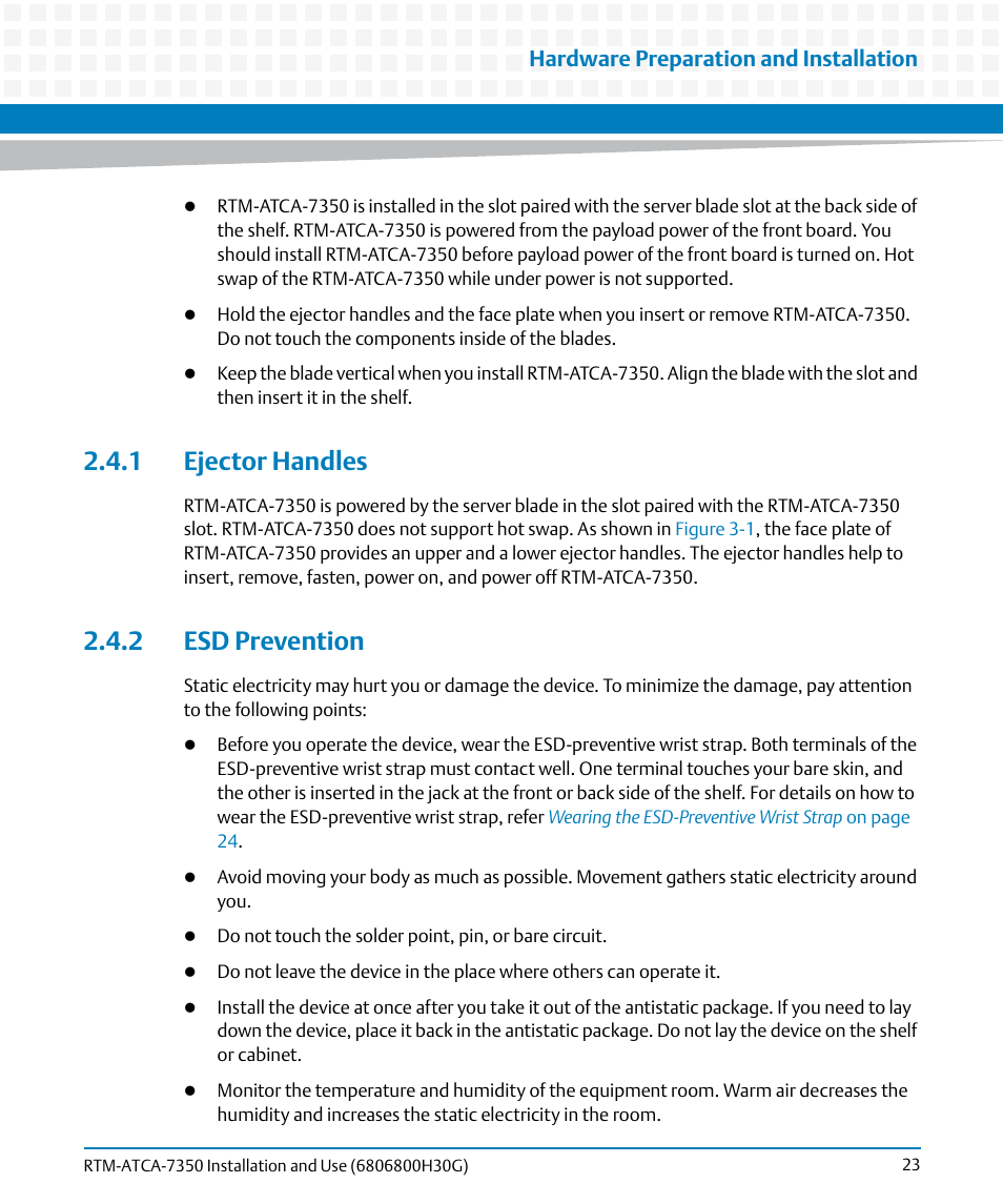 1 ejector handles, 2 esd prevention, 1 ejector handles 2.4.2 esd prevention | Hardware preparation and installation | Artesyn RTM-ATCA-7350 Installation and Use (September 2014) User Manual | Page 23 / 70