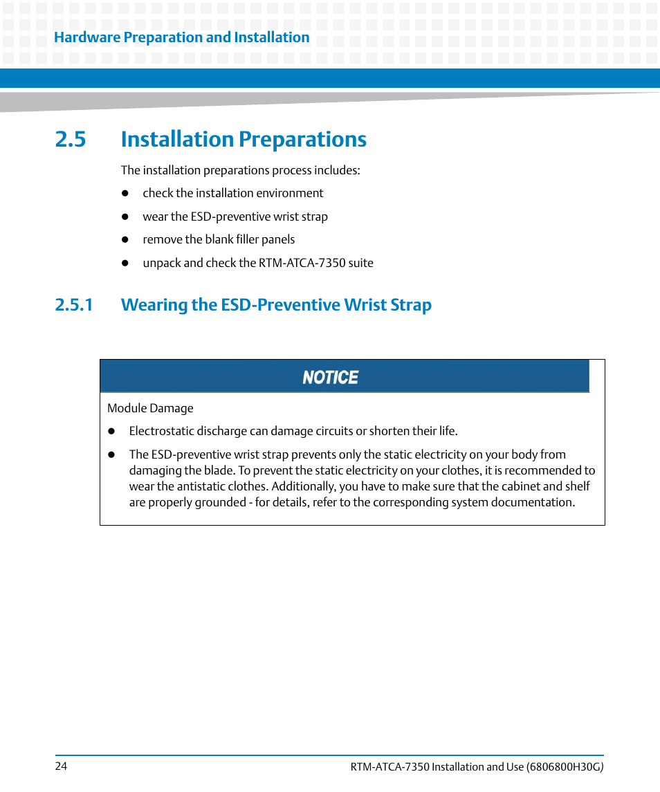 5 installation preparations, 1 wearing the esd-preventive wrist strap, Wearing the esd-preventive wrist strap | Artesyn RTM-ATCA-7350 Installation and Use (September 2014) User Manual | Page 24 / 70