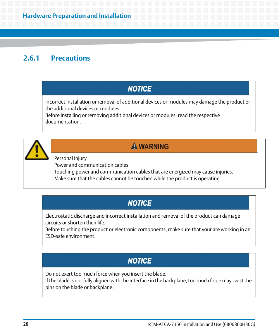 1 precautions | Artesyn RTM-ATCA-7350 Installation and Use (September 2014) User Manual | Page 28 / 70