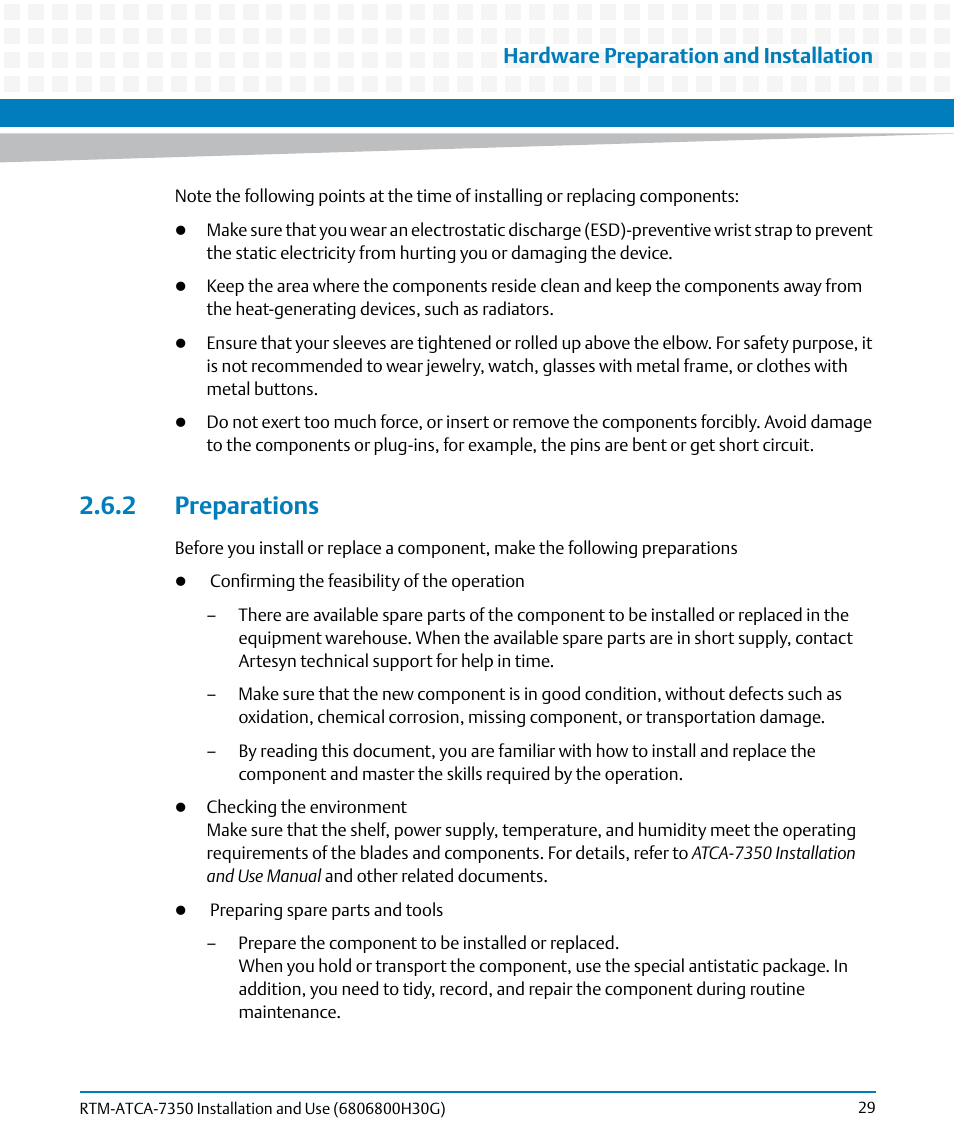 2 preparations, Hardware preparation and installation | Artesyn RTM-ATCA-7350 Installation and Use (September 2014) User Manual | Page 29 / 70
