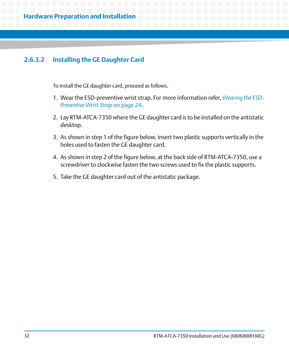 2 installing the ge daughter card | Artesyn RTM-ATCA-7350 Installation and Use (September 2014) User Manual | Page 32 / 70