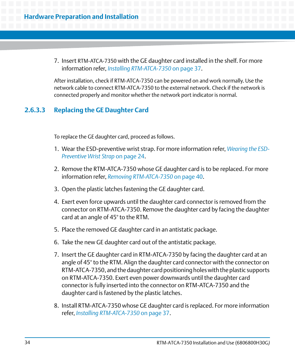 3 replacing the ge daughter card | Artesyn RTM-ATCA-7350 Installation and Use (September 2014) User Manual | Page 34 / 70