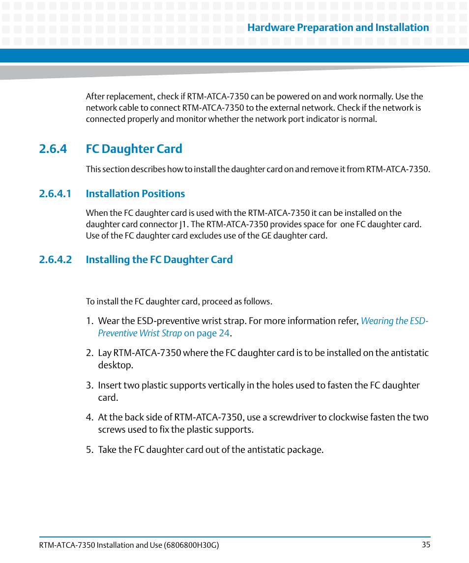 4 fc daughter card, 1 installation positions, 2 installing the fc daughter card | Artesyn RTM-ATCA-7350 Installation and Use (September 2014) User Manual | Page 35 / 70
