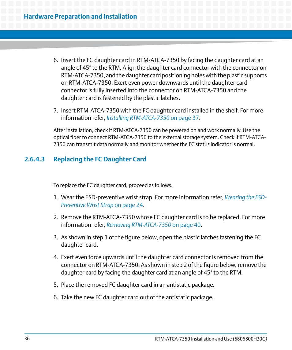 3 replacing the fc daughter card | Artesyn RTM-ATCA-7350 Installation and Use (September 2014) User Manual | Page 36 / 70