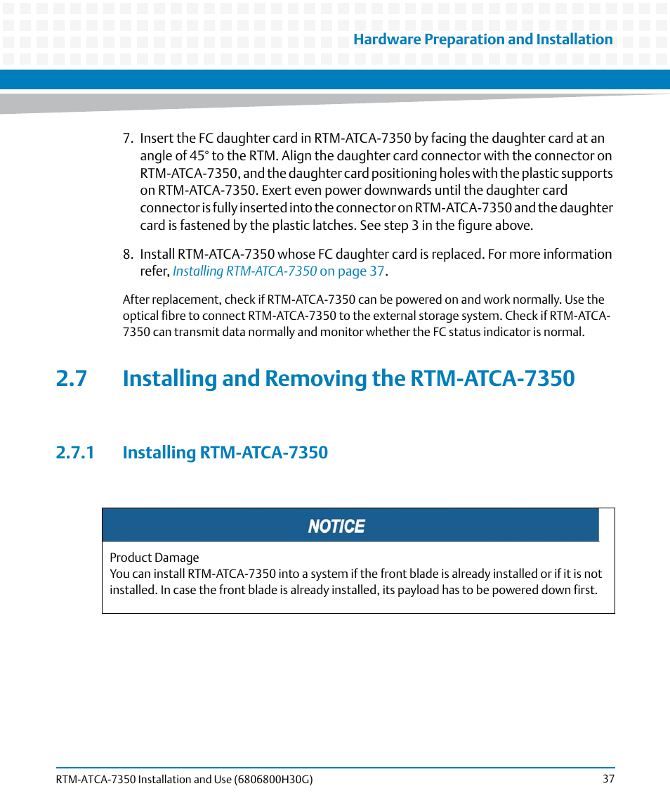 7 installing and removing the rtm-atca-7350, 1 installing rtm-atca-7350, Tion | Installing rtm-atca-7350 | Artesyn RTM-ATCA-7350 Installation and Use (September 2014) User Manual | Page 37 / 70