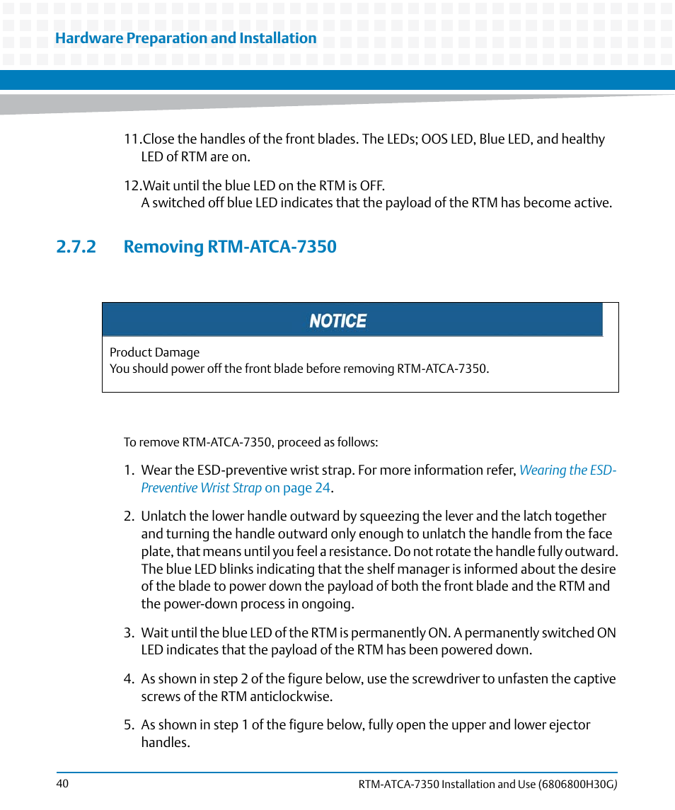 2 removing rtm-atca-7350, Removing rtm-atca-7350 | Artesyn RTM-ATCA-7350 Installation and Use (September 2014) User Manual | Page 40 / 70