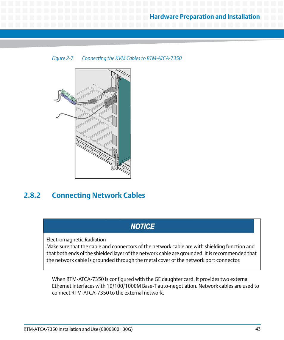 2 connecting network cables, Figure 2-7, Connecting the kvm cables to rtm-atca-7350 | Artesyn RTM-ATCA-7350 Installation and Use (September 2014) User Manual | Page 43 / 70