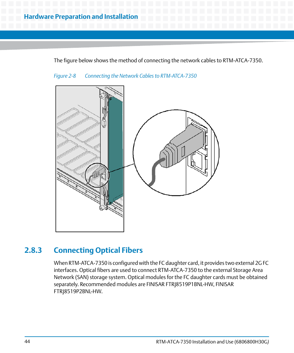 3 connecting optical fibers, Figure 2-8, Connecting the network cables to rtm-atca-7350 | Artesyn RTM-ATCA-7350 Installation and Use (September 2014) User Manual | Page 44 / 70