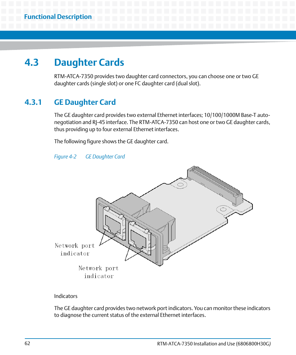 3 daughter cards, 1 ge daughter card, Figure 4-2 | Ge daughter card, Daughter cards | Artesyn RTM-ATCA-7350 Installation and Use (September 2014) User Manual | Page 62 / 70