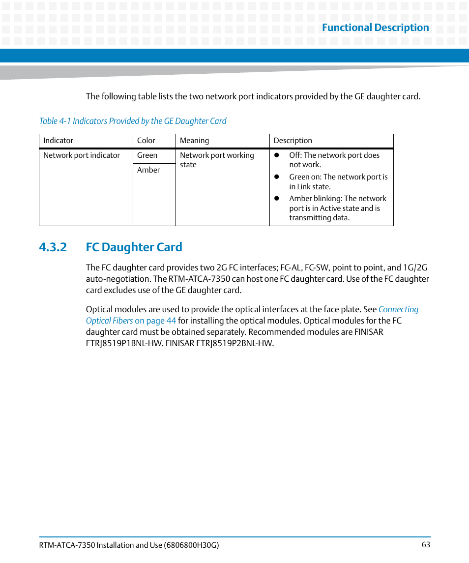 2 fc daughter card, Table 4-1, Indicators provided by the ge daughter card | Functional description | Artesyn RTM-ATCA-7350 Installation and Use (September 2014) User Manual | Page 63 / 70