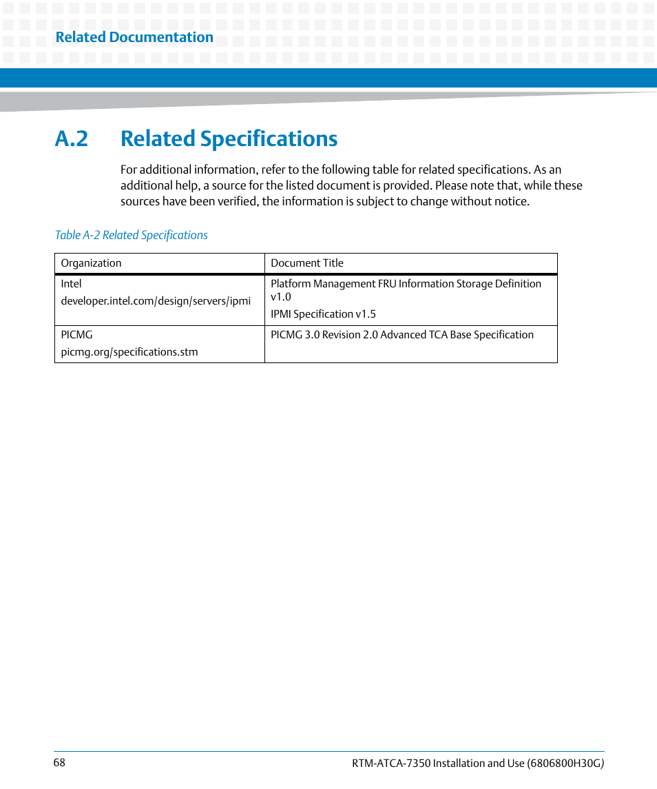 A.2 related specifications, Table a-2, Related specifications | Artesyn RTM-ATCA-7350 Installation and Use (September 2014) User Manual | Page 68 / 70