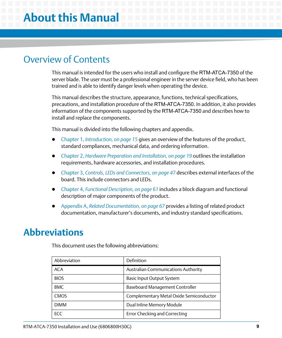 About this manual, Overview of contents, Abbreviations | Artesyn RTM-ATCA-7350 Installation and Use (September 2014) User Manual | Page 9 / 70