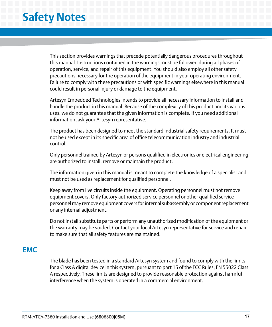 Safety notes | Artesyn RTM-ATCA-7360 Installation and Use (June 2014) User Manual | Page 17 / 84