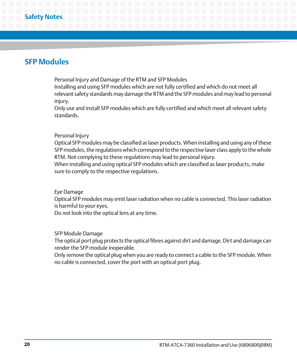 Sfp modules | Artesyn RTM-ATCA-7360 Installation and Use (June 2014) User Manual | Page 20 / 84