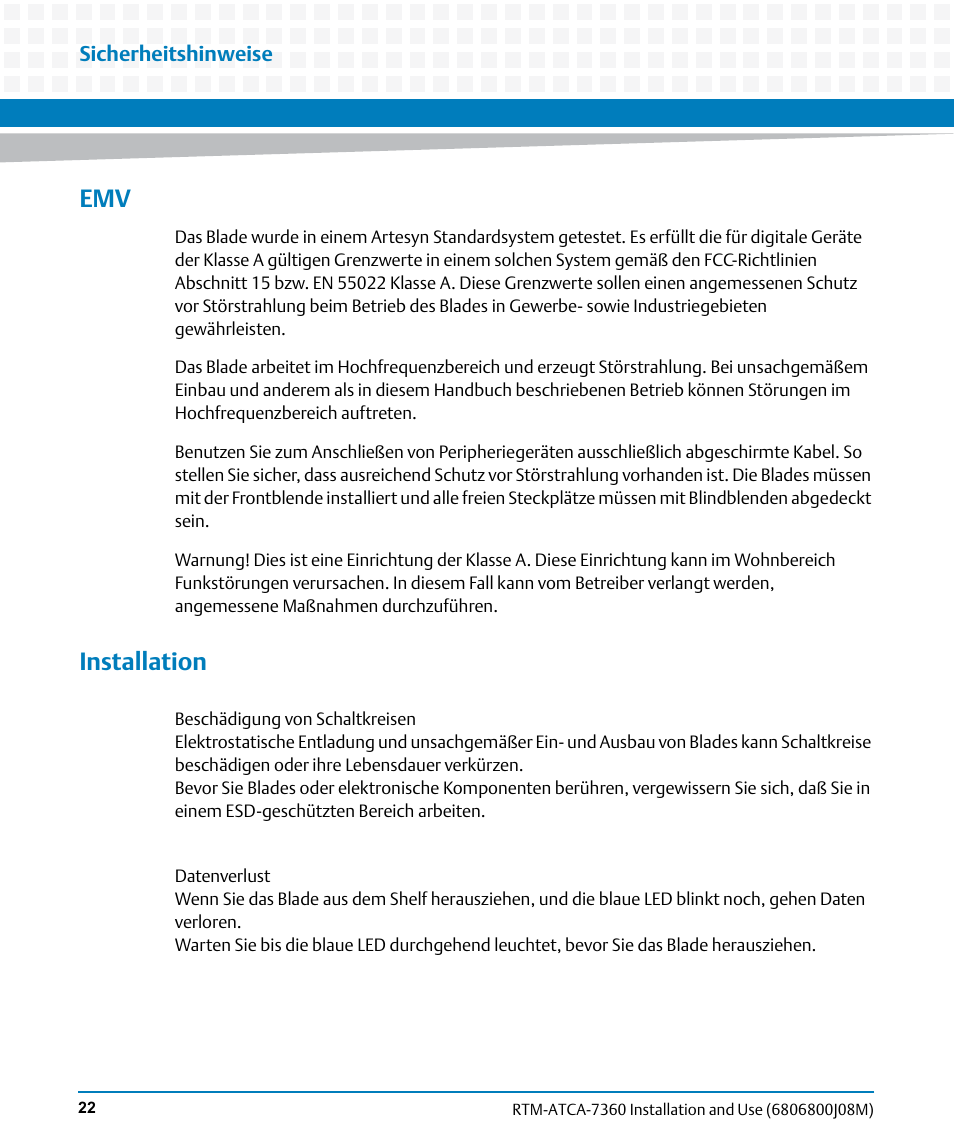 Installation | Artesyn RTM-ATCA-7360 Installation and Use (June 2014) User Manual | Page 22 / 84