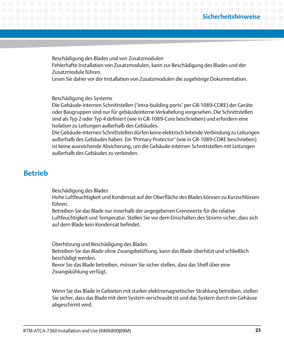 Betrieb, Sicherheitshinweise | Artesyn RTM-ATCA-7360 Installation and Use (June 2014) User Manual | Page 23 / 84