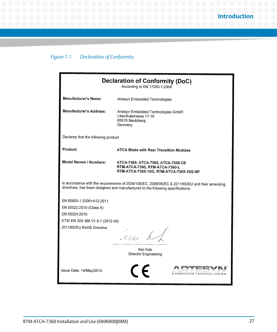 Figure 1-1, Declaration of conformity, Introduction | Artesyn RTM-ATCA-7360 Installation and Use (June 2014) User Manual | Page 27 / 84